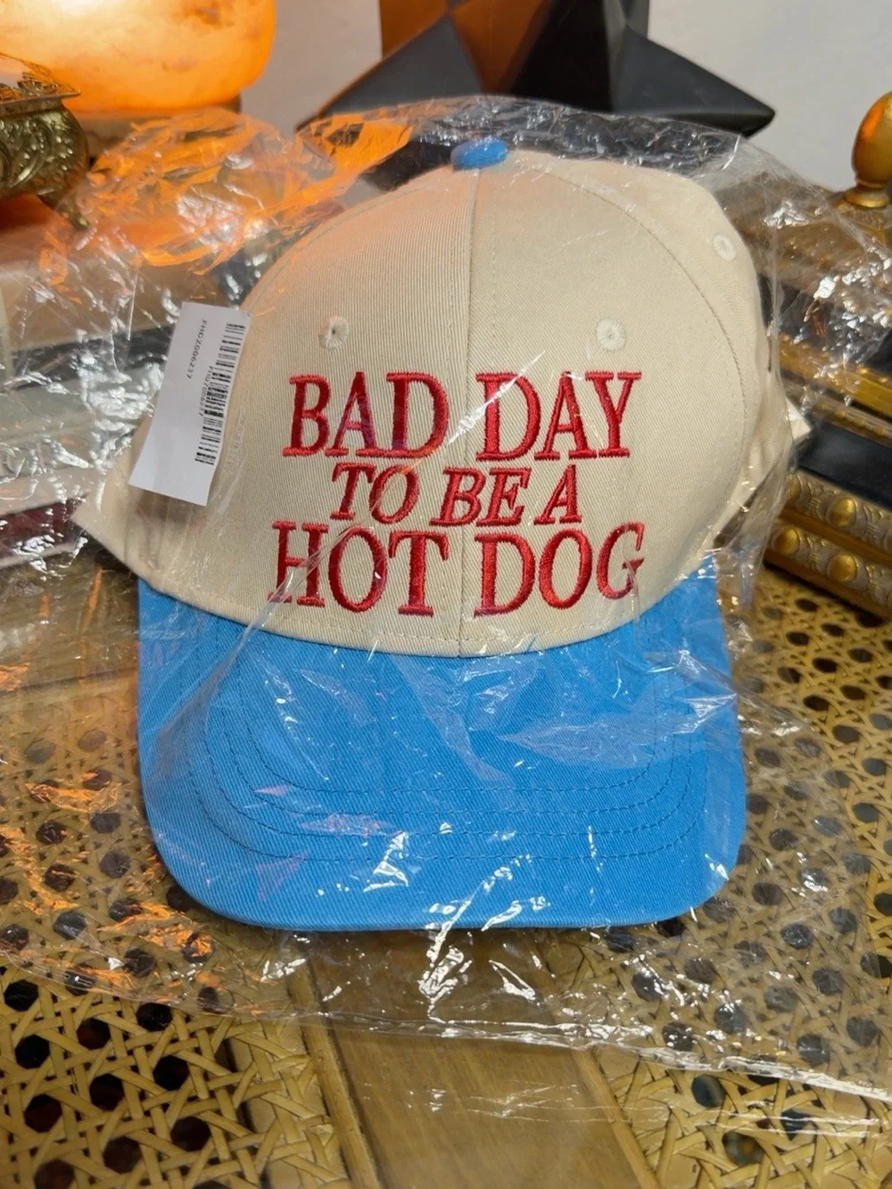 NWT Bad Day to Be a Hot Dog Embroidered Snapback Hat Blue Tan